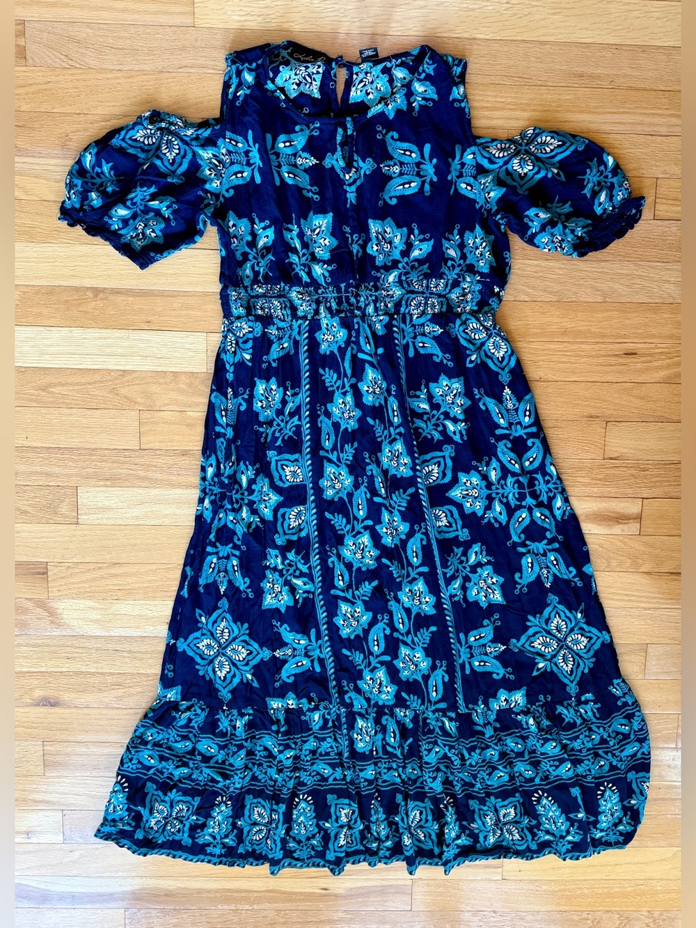 Lola P Navy Blue Floral Cold-Shoulder Dress with Aqua Print